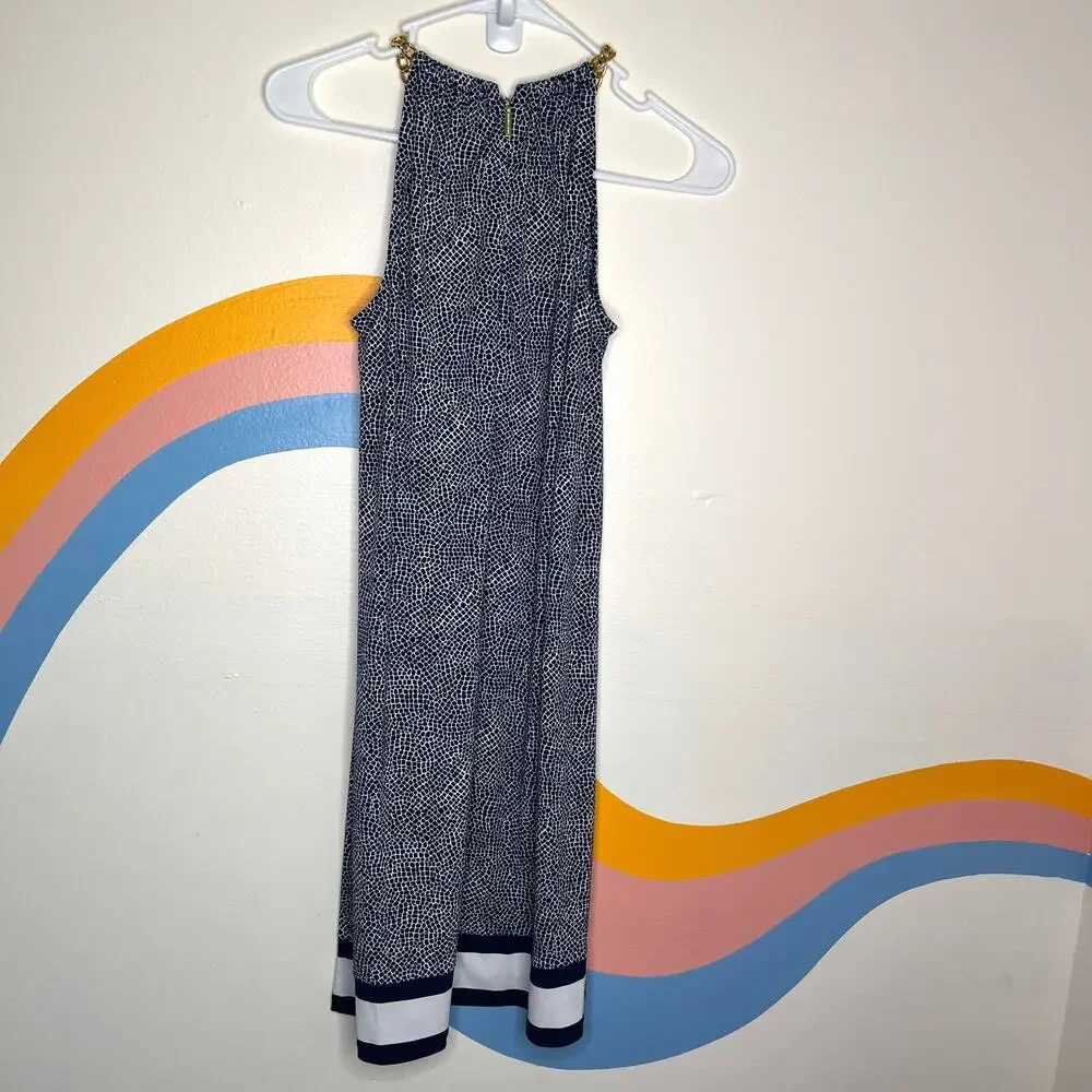 Michael Kors Midi Dress‎ Blue White Sleeveless Gold Chain Shift Womens XS